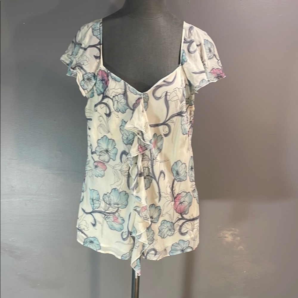 100% pure silk Floral Ruffle Sleeve Top in tall! Gorgeous cascading front ruffle